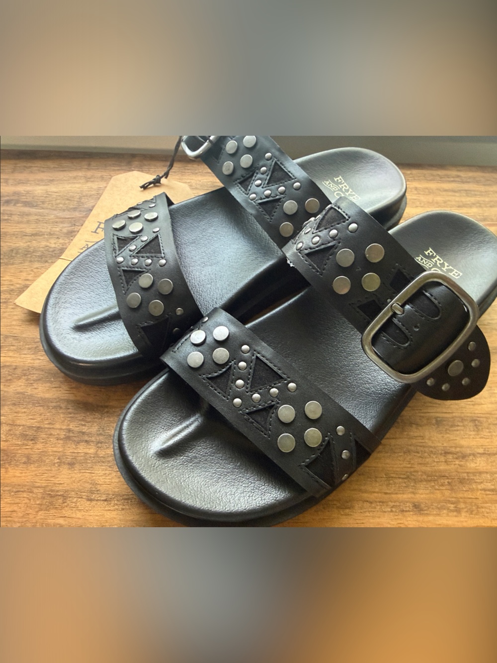 FRYE AND CO. Black Studded Leather Slide Sandals with Buckle